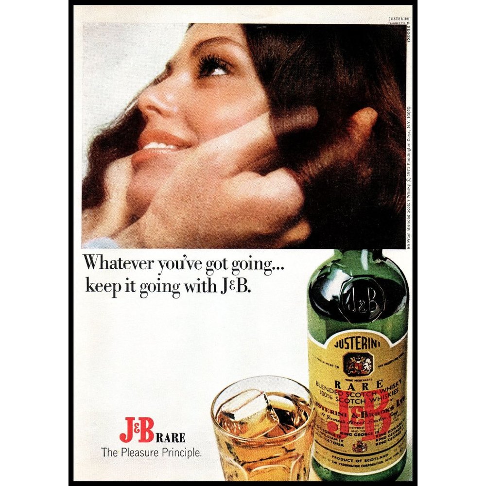 1971 J&B Scotch Whisky Vintage Print Ad Brunette Smile Date Keep Going Wall Art